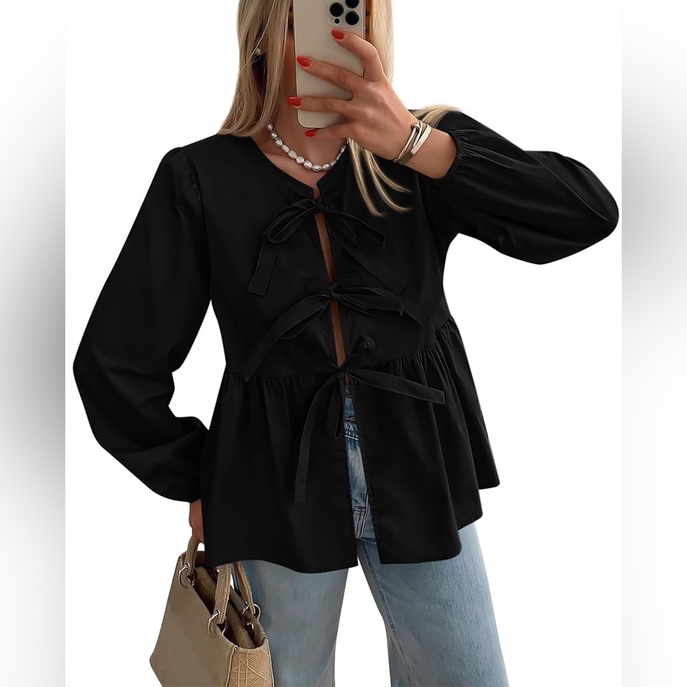Women's Trendy Babydoll Peplum Black Blouse with Bow Tie Front 🔥